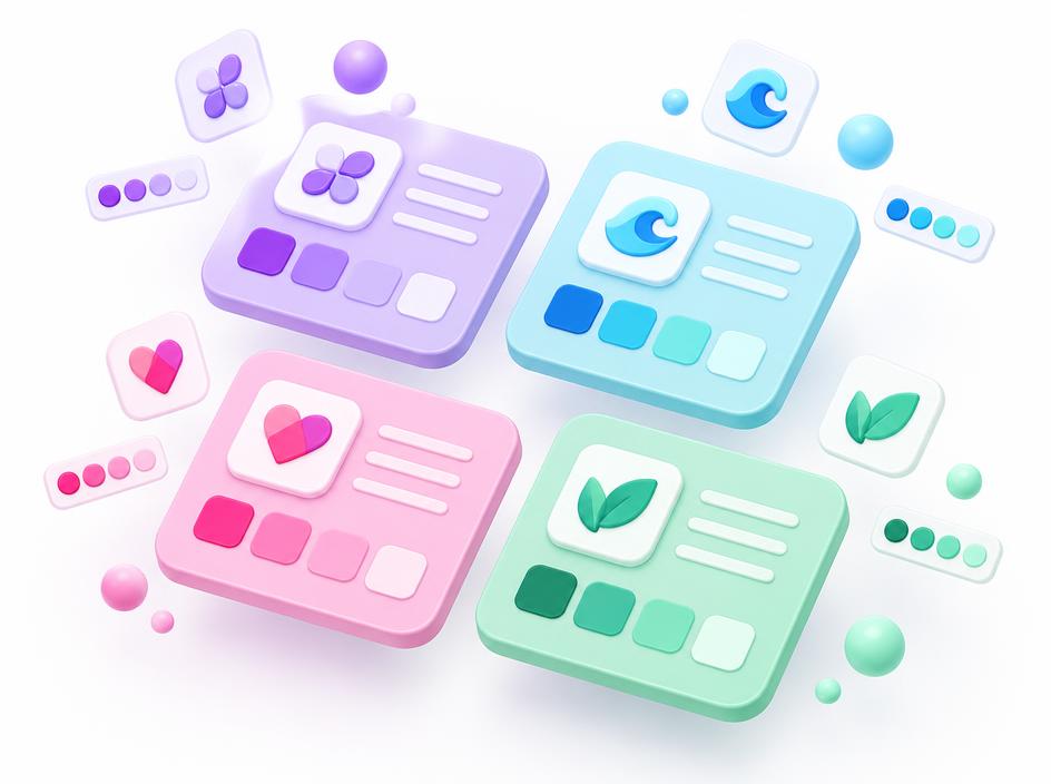 Four colourful brand cards, each with its own logo and colour swatches