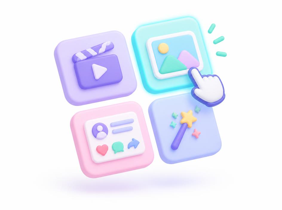 Video, image and social post tiles with a pointer selecting one