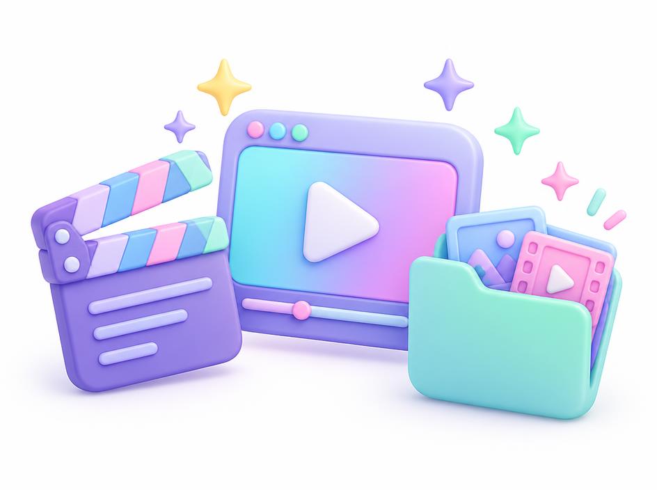 A clapperboard, a video player and a folder of finished media