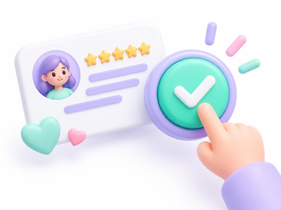 A hand pressing a large approve button beside a review card