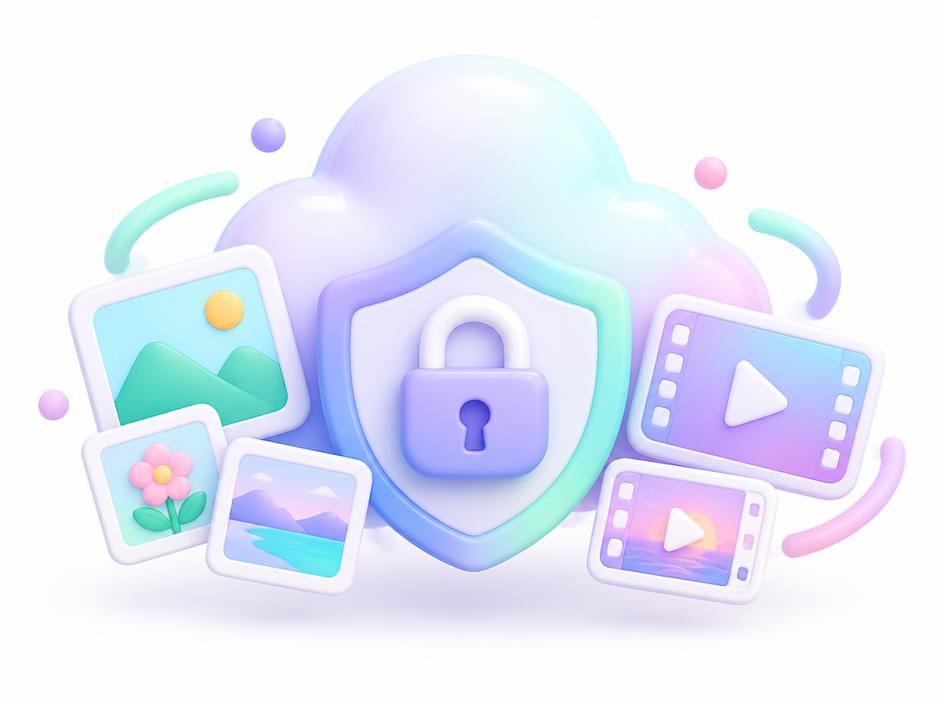 A cloud and shield with a padlock protecting photos and videos