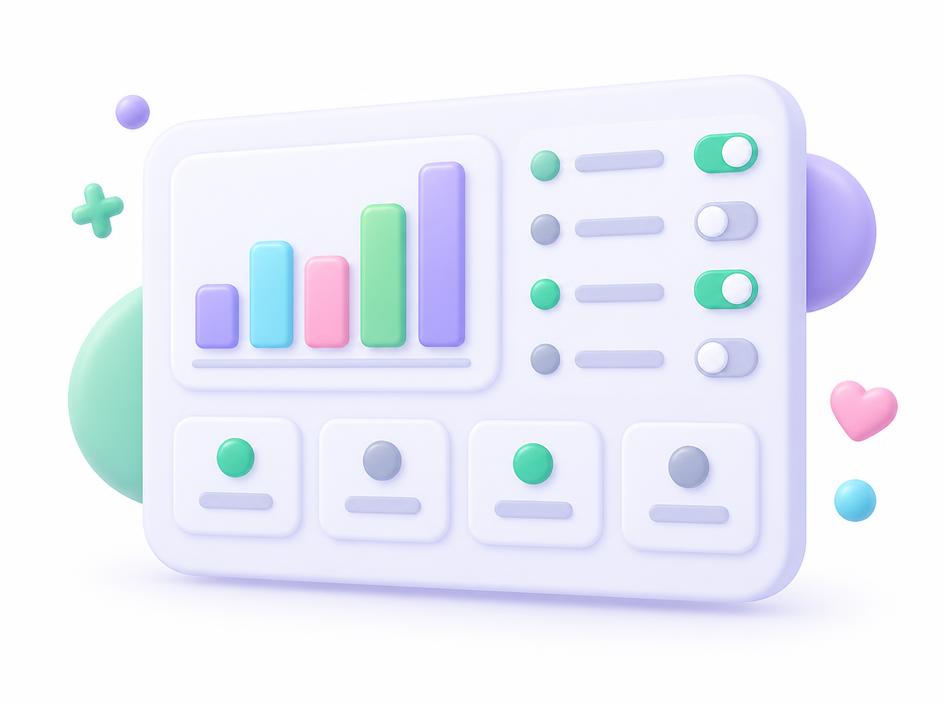 A status dashboard with a bar chart, status dots and switches