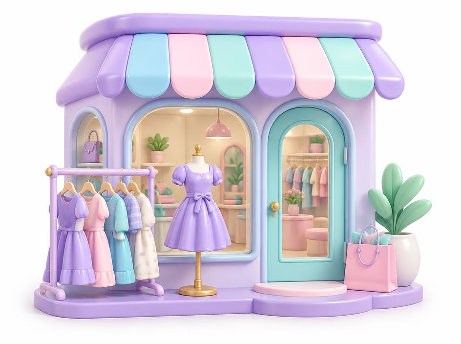 A pastel boutique storefront with dresses on a rack