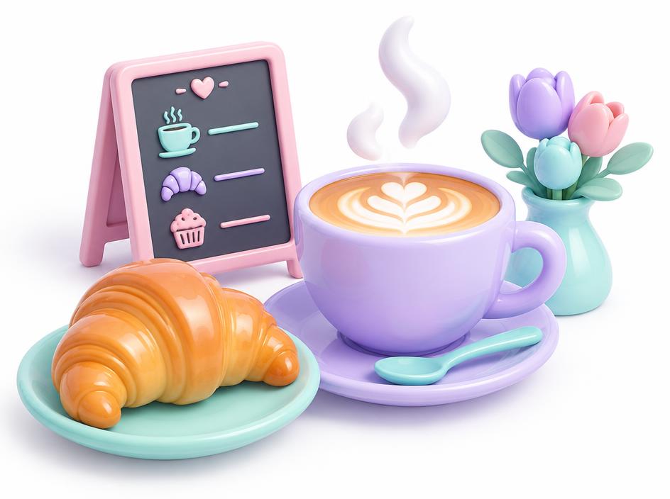 A latte, a croissant and a small café menu board