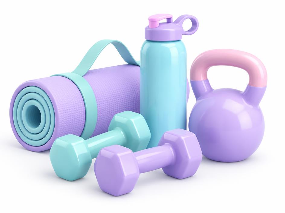 Fitness gear: yoga mat, dumbbells, water bottle and kettlebell