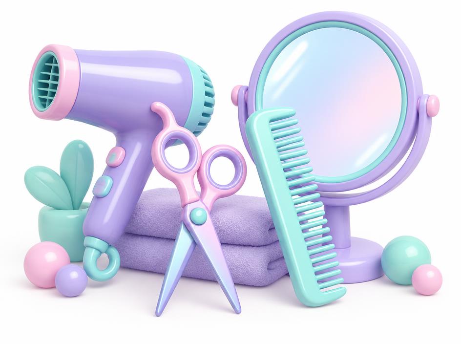 Salon tools: hair dryer, scissors, comb and mirror